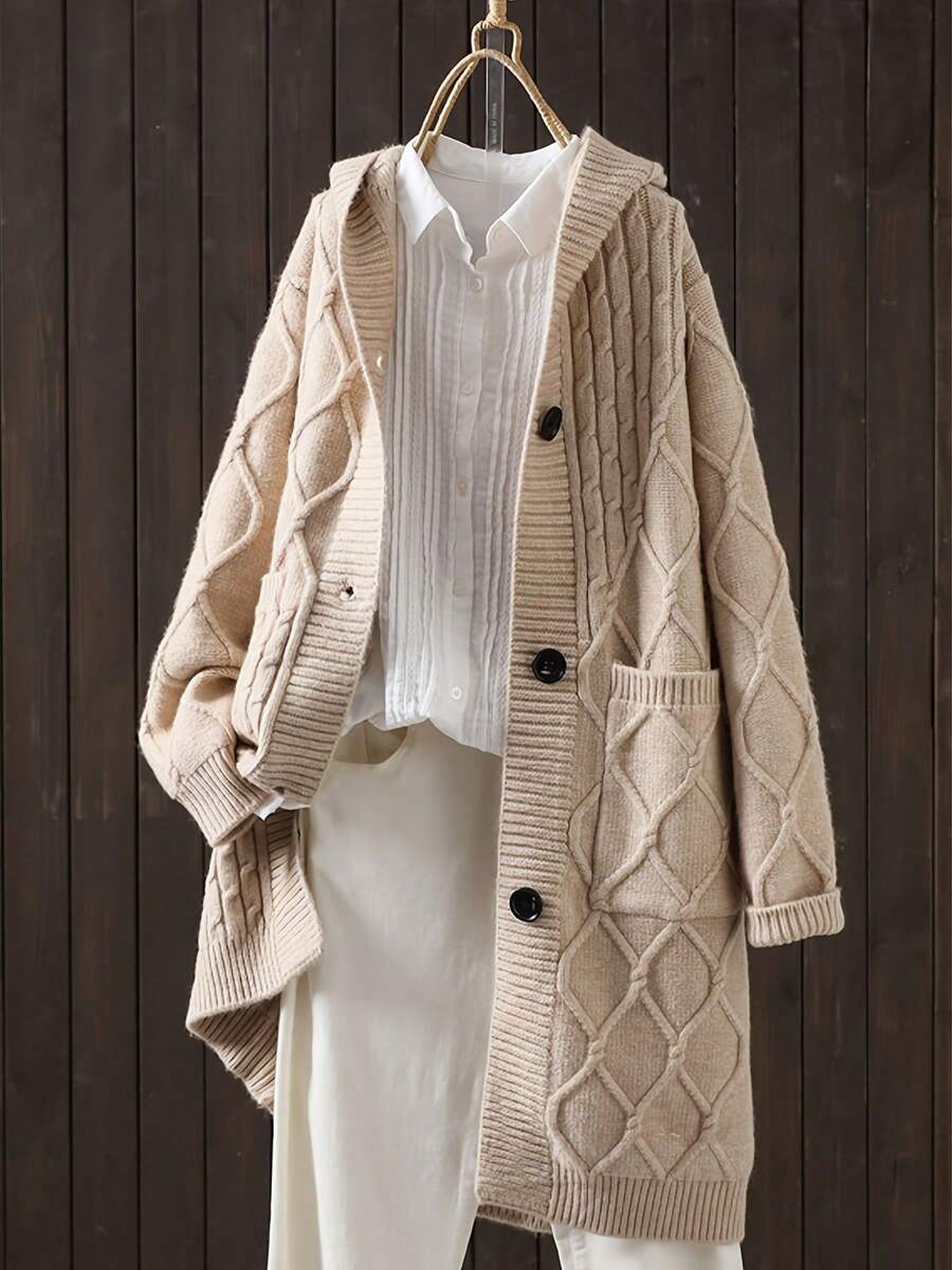 1 pieza Suéter de mujer de talla grande con cierre de botones en el frente, de punto de unicolor y textura de rombos, adecuado para la oficina, vacaciones, otoño/invierno - Blanco - Ver 1