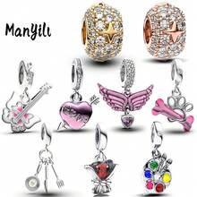 Manyilus 1 Stück Original 925 Sterling Silber Anhänger Perlen: Liebespfeil, Roter Diamant Blumenstrauß, Rosa Emaille Bass Gitarre, Pfanne mit Messer und Gabel, Katzenpfoten Knochen Stab, Rosa Herz mit Flügeln, Bunte Färbepinsel, Stern mit goldenem rundem Diamant Spirale