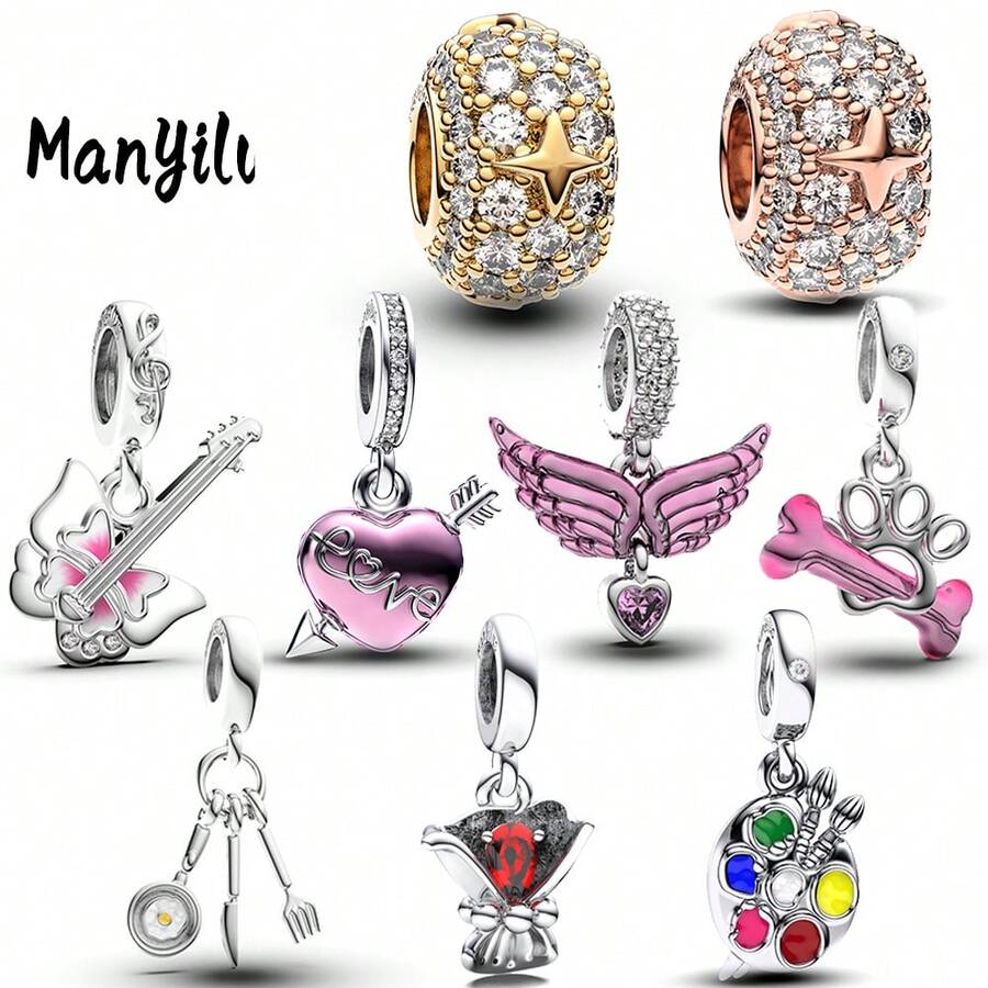 Manyilus 1 Stück Original 925 Sterling Silber Anhänger Perlen: Liebespfeil, Roter Diamant Blumenstrauß, Rosa Emaille Bass Gitarre, Pfanne mit Messer und Gabel, Katzenpfoten Knochen Stab, Rosa Herz mit Flügeln, Bunte Färbepinsel, Stern mit goldenem rundem Diamant Spirale