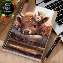 Cuaderno de espiral con vaca de las tierras altas de estilo Kawaii, 80 hojas | Diario estético con diseño floral de primavera y margaritas | Cuaderno lindo para mujeres y amantes de las vacas | Kit de scrapbooking con pegatinas y suministros de manualidades | Ideas de regalo para ella