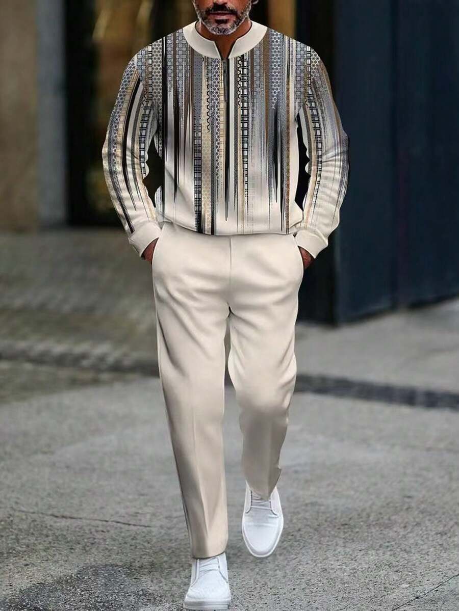 New Men's Two-Piece Set In European And American Style, Featuring A Geometric Pattern Printed Design With A Polo Collar And Half-Open Zipper Top Paired With Plain Casual Sport Pants; A Comfortable And Warm Long-Sleeve And Long-Pants Set For Men, Regular Fit, Made Of High-Quality Soft Fabric That Is Wrinkle-Resistant And Easy To Care For, Suitable For Outdoor Holiday Leisure Sports Wear, Perfect For Any Holiday Gift Choice, Suitable For Father's Day And Christmas Gifts.