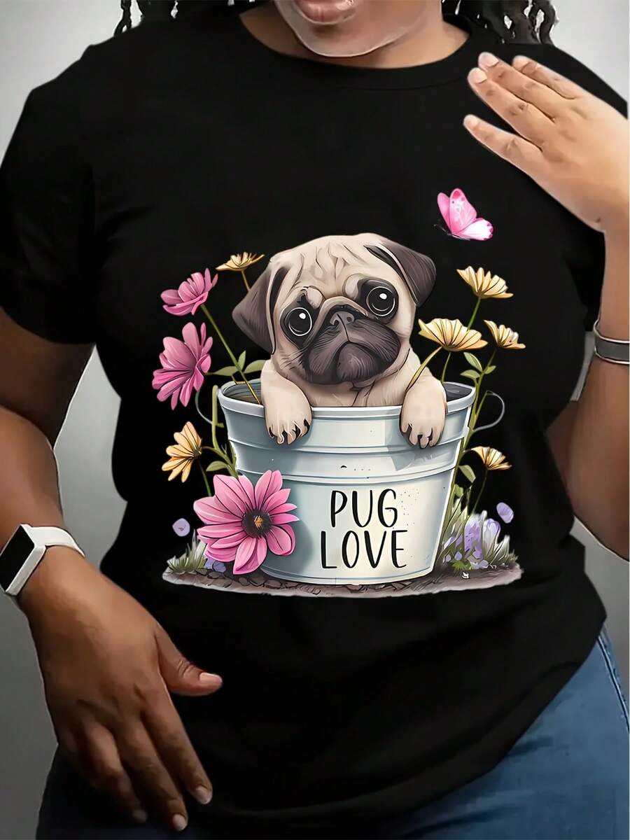 Women's Casual T-Shirt With Cute Pug And Floral Print, Fashionable Tee For Dog Lovers