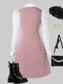 Girls' Sweet Bowknot Puff Sleeve Waist Splice Dress, Spring/Autumn