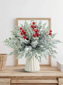 30pcs Christmas Artificial Snow Pine Branches With Red Berries, Faux Norfolk Pine Needles, For DIY Crafts, Wreaths, Home Decor, And Christmas Tree Ornaments, Tabletop Plastic Greenery For Fall, Winter, And Holiday Arrangements Garland Home Decor Christmas Decorations Room Decor