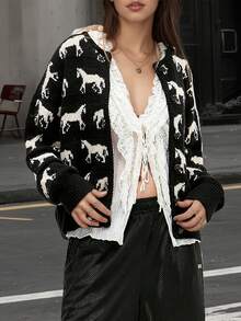 Women's Autumn And Winter New Animal Pattern Contrast Color Casual Fashion Ribbed Long-Sleeved Sweater Cardigan Jacket