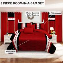 Reylox Soft Bohemian 9 Piece Bamboo Microfiber Bedding Set Queen King Full Size Bedspread Pillowcases Living Room Curtains All Season For Farmhouse Bedroom Home Decor Valentine Gift Easter Decorations - black/red - 查看 9