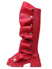 Women Mid Calf Boots Platform Heels Ruch Boots Knee High Fold Over Chunky Heel Short Booties Round Toe Wide Calf Pull-On Shark Boots Daily Party Y2K Dress Boots For Woman - Đỏ A - Xem 5