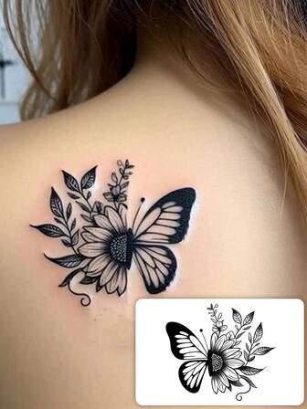 可水洗、防水、防汗、不反光，花朵和向日葵的临时纹身贴纸，适合锁骨臂人士日常使用，可维持1-3天