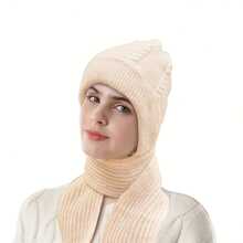 1pc Solid Color Knitted Hat And Scarf Set, Thermal Lined For Autumn/Winter, Thicker And Warmer