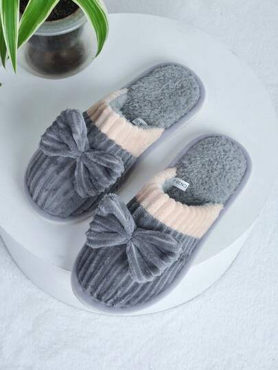 1 Pair Women's Closed Toe Slippers, Bow Decor EVA Sole, Comfortable Indoor Casual Wear, Grey Closed Toe, Warm & Cozy For Autumn/Winter
