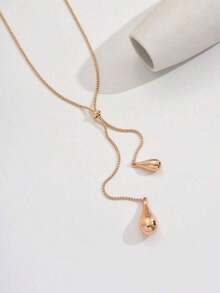 1pc Women's Elegant Y-Shaped Necklace, Fashion Teardrop Pendant Box Chain With Tassel, Long Necklace Accessory - 金色 - 查看 4