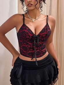 Y2K风格束身衣上衣蕾丝花卉刺绣露胸短款吊带背心网纱钩前蝴蝶结装饰可调节肩带露背系带束腰塑身衣，适合女性万圣节服装、锐舞节穿搭 - 黑紅色 - 查看 1