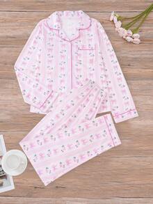 Set de pijamale pentru femei cu 2 buc., cu decor floral și fundă, top cu mânecă lungă și pantaloni largi cu talie elastică, potrivit pentru primăvară, toamnă, iarnă, petreceri de sărbători, pijamale casual și lenjerie de casă, haine de toamnă