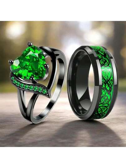 Wedding Jewelry Accessories Fashion Couple Rings For Lover's Wedding Jewelry Romantic Heart Rhinestones Artificial  Women Rings Men Stainless Steel Rings