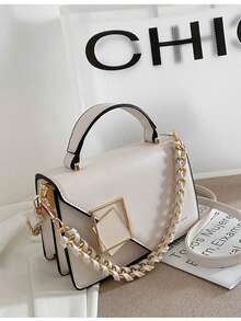 Mini Woven Chain Decorated Flap With Lock Portable Handbag For Women, Shoulder Bag Or Crossbody Bag, Suitable For Work, Shopping, Traveling. - trắng - Xem 6