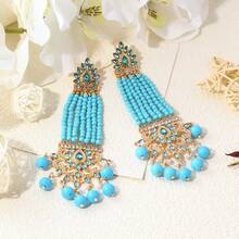 FANYINAN 1 对复古东南亚风格锌合金粘性水钻绿色串珠小吊坠米珠流苏女士耳环适合日常派对音乐节节日佩戴