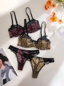 2pcs/Set Bra & Celana Dalam Berkawat Motif Leopard Polos dengan Hiasan Renda, Set Pakaian Dalam Nyaman - MultiWarna - View 3