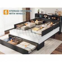 Bed Frame With 6 Storage Drawers & Charging Station Metal Platform Bed Frame With Bookcase Headboard,No Noise,Black - 查看 3