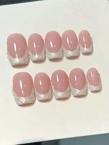 10 Stücke handgefertigte tragbare Nagel Aufkleber für Frauen mit voller Abdeckung, wiederverwendbar, quadratisch, mittelgroß, französisch rosa, handgemachte Nagelkunst für Mädchen und Pendlerinnen, einfache Nagelkunst mit Perlen-/Aurora-/Laser-Effekten, Perlglanz, französischer Seidentextur, französischem Design, Nagelkunst mit glänzendem Finish, hochwertiger minimalistischer Urlaubsstil