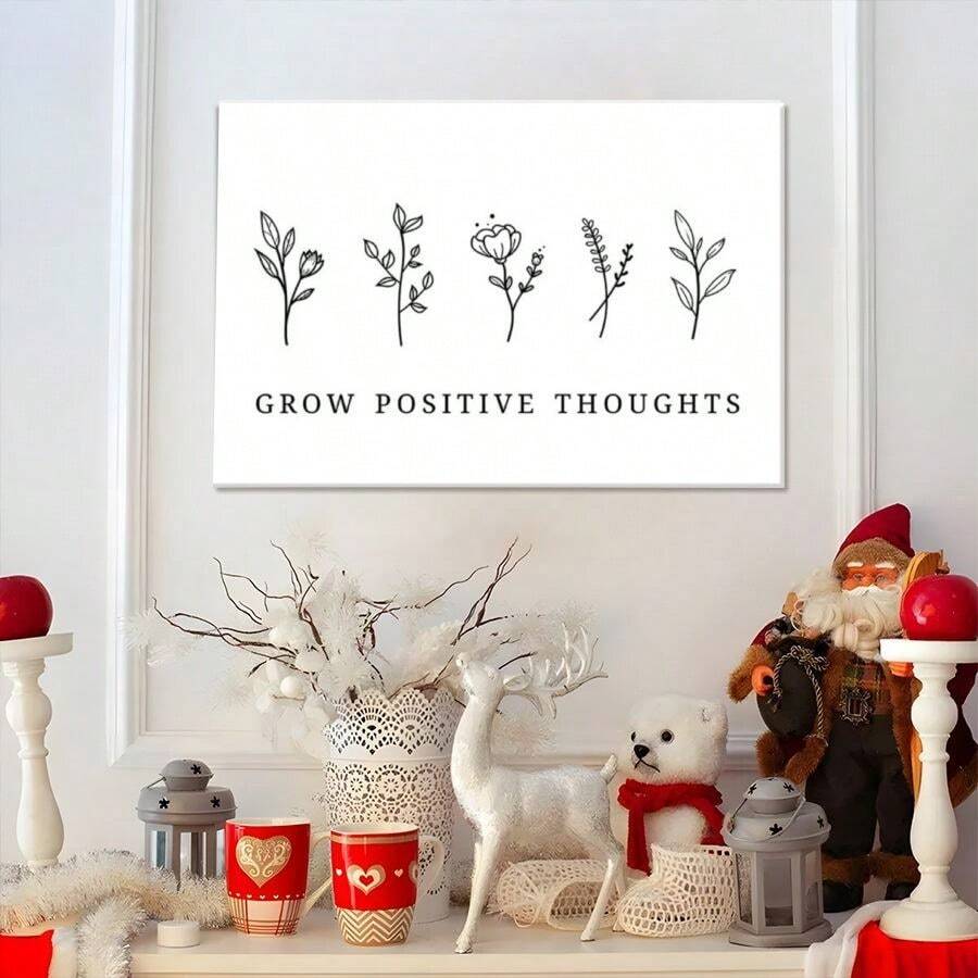 1pc Solid Wood Frame [Positive Attitude, Plant Elements, Line Art Style] 1. 'Blossom Of The Mind Garden' 2. 'Positive Energy In Lines' 3. 'Nurturing The Flower Of Optimism' Theme Canvas Posters & Prints, Large Canvas Wall Art, 2D Flat, Easy Hang Tabletop Or Wall Display, For Halloween, Christmas Gifts, Bedroom, Living Room, Decoration Ready To Hang - 彩色 - 查看 1