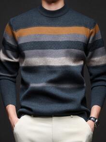 男士厚款 V 领提花毛衣，休闲商务通勤长袖套头衫，适合分层穿着或外套，秋冬 - 青碧色 - 查看 5