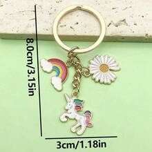 1 pieza Llavero de aleación con unicornio de arcoíris de dibujos animados con efecto de goteo de aceite, lindo colgante de arcoíris para bolsos de niñas
