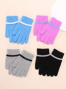 1Pair Soft Textured Knit Children Gloves, Solid Color Striped Cuff Full Finger Gloves For Little Kids Casual Outdoor Wear - Jacquard - View 1