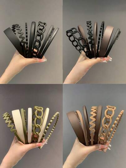 7pcs/Set Children's Solid Color Plastic Headbands, Casual Versatile Small Girls' Non-Slip Headbands In Various Shapes, Suitable For Daily Outings And Party Occasions, Autumn/Winter