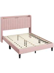Queen Size Upholstered Velvet Bed Frame With Charging Outlets & USB Ports, Pink