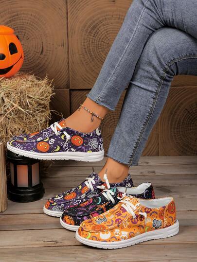 Round Toe Contrast Color Slip-On Halloween Ghost Pumpkin Bat Funny Element Fashion Versatile Lightweight Party Women Cartoon Canvas Shoes