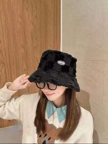 1 Piece/This Chessboard Color Block Plush Bucket-Shaped Bucket Hat Is Suitable For Women To Wear. It Is A Thick, Warm And Windproof, Fashionable And Cute Bucket Bucket Hat For Daily Outdoor Use In Autumn And Winter. Winter Warm