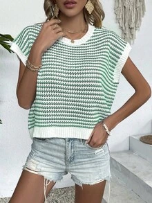 Knit Mix ملابس علوية نسائي أنيق محبوك بأكمام بلا أكمام، ألوان متناسقة، رقبة دائرية، دانتيل، فضفاض، مناسب للعطلات الربيعية والصيفية، ملابس نسائية مناسبة للعيد والشتاء والعودة للمدرسة