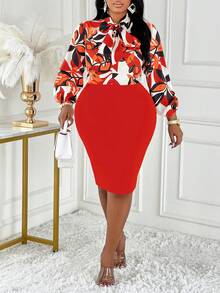 BIUBIU Collar Tied Shirt, Bodycon Skirt Two Pieces Set (Random Print) - Red - View 2