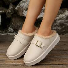 1 Paar hellfarbige Kunstvelours Stiefel mit Metallschnalle, flauschiger Borte und dicker Sohle für Damen, warm und modisch für Herbst/Winter Alltagsmode