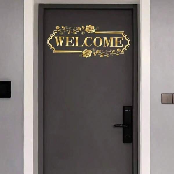 ملصق ديكوري "مرحبا" باللون الذهبي، ملصق جداري قابل للإزالة من الفينيل، مناسب لمدخل المنزل وديكور المدخل، تحية ديكورية، ديكور جداري فني