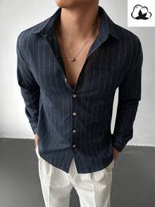 Men's Casual Commuter Striped Print Patchwork Pocket Long Sleeve Shirt, Spring/Autumn - Multicolor - View 3