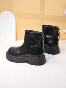 1 Pair Girls Boots 2025 New Style, Children Short Boots, Back Zipper Decor Glossy Material, Anti-Slip Thick Sole, Round Toe Mid-Calf, Retro British Style Boots, Suitable For School/Street Wear In Autumn/Winter