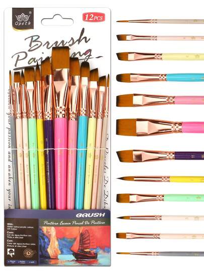 12pcs Oil Painting Brush Set, Acrylic Paint Brushes, High-Quality Nylon Hair, Good Water Absorption, Ergonomic Wooden Handle, 12 Brush Heads Suitable For Various Painting Techniques - Body Painting, Acrylic, Oil, Watercolor, Gouache