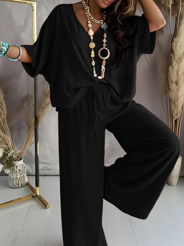 European And American - Style Solid - Color Casual Set, Batwing - Sleeve Deep V Top Paired With Drawstring High - Waisted Wide - Leg Pants, Comfortable And Stylish