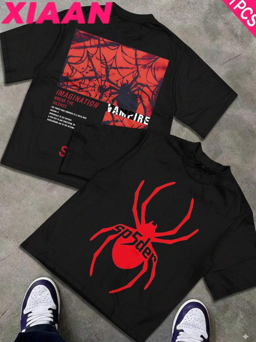 Sp5der T Shirt, Y2k Clothes,Men's Shirts,Black Graphic Tee, 100% Cotton, Soft And Comfortable, Street Hip-Hop Style Halloween Costumes, Christmas, Gifts For Men, Autumn Men's Clothing - 黑色 - 查看 1