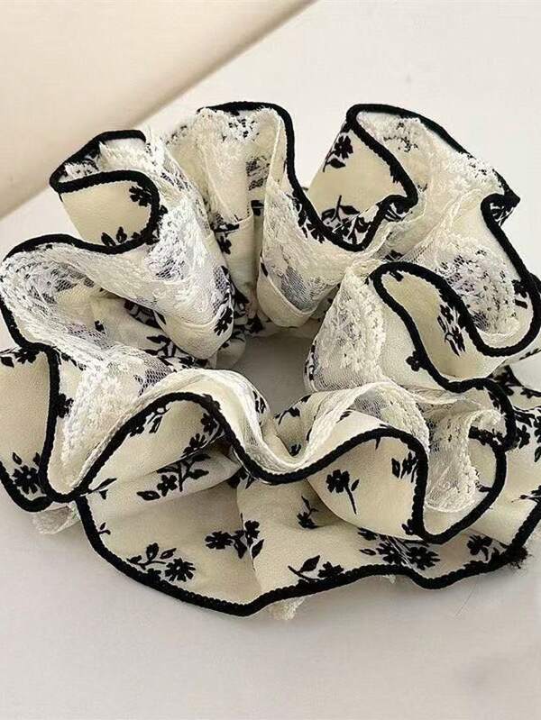 1pc Ditsy Floral Bohemian Polyester Lace Double-Layer Hair Scrunchie, French Countryside Inspired Scrunchy Hair Tie, Hair Accessories For Women ,Ponytail Holders ,Hair Elastics ,Hair Rubber Bands ,Hair Rope