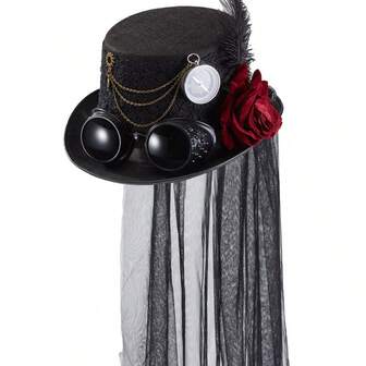 万圣节洛丽塔玫瑰蕾丝面纱帽，蒸汽朋克迷人帽，带羽毛哥特式护目镜，复古头饰