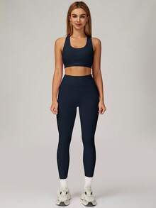 MASKERT Damen Sport Set: Racerback stoßfester Sport-BH und hochgeschnittene Yoga-Leggings, barfußgefühl, hautfreundlich und bequem, 2 Stücke Set für Fitness und Training