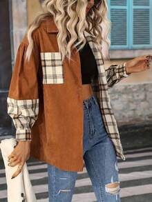 Plus Size Womens Classic Plaid Shirt Fashion Casual Avant Garde Design Outerwear Jacket For Autumn Winter 2025 In Earthy Tones