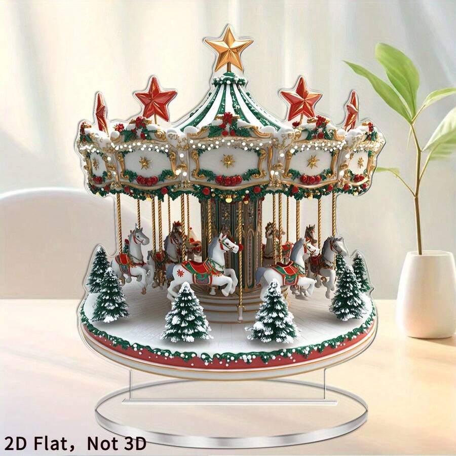 1 Stück neue Weihnachts-Heimdekoration Tischaufsteller. Dieser 2D Acryl Weihnachtsbaum Karussell-Ständer ist perfekt zum Verschenken, für die Heimdekoration und als Neujahrsgeschenk. Er eignet sich hervorragend für Wohnzimmer und andere Räume. Er beinhaltet auch Weihnachtsmann, Elch und Schlitten Ornamente sowie Weihnachtsbaum Dekorationen.