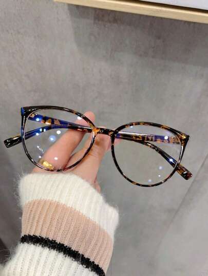 1 par de gafas redondas de mujer con montura de PC personalizada sin graduación, gafas sin graduación con montura de mariposa, color carey, de moda y versátil