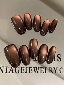 10 件装按压式指甲杏仁猫眼紫棕红蓝简约闪亮办公室日常佩戴假指甲人造指甲套装包括 1 张粘合片和 1 个迷你锉刀 - 彩色 - 查看 9