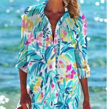 Damska jednorzędowa narzutka plażowa z nadrukiem tropikalnym