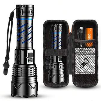 1 件 50W 可充电手电筒，可用作移动电源，黑色带蓝色装饰，时尚便携手电筒，非常适合户外露营、骑行、登山，适合作为圣诞节、万圣节、狂欢节礼物