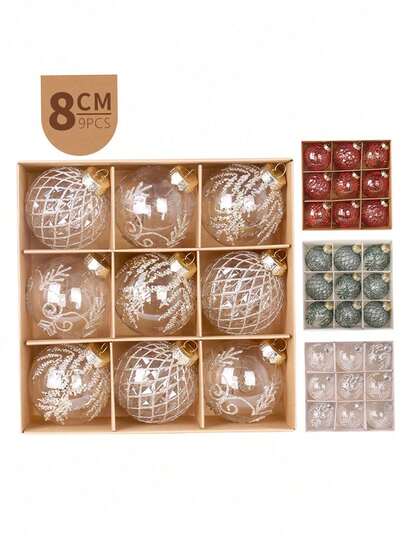 9pcs -8cm Christmas Ornaments, Transparent Christmas Tree Ornaments, Painted Christmas Tree Amulets, Christmas Decoration Sets, Holiday Christmas Tree Ornaments, Wedding Christmas Decorations, Stage Decorations, Daily Life Dolls, Holiday Celebrations, Birthdays, Parties, Tea Parties, Weddings, Exquisite Crafts, Fashionable Matching With Christmas Balls, Christmas Pendants Suitable For Hotels, Shops, Homes